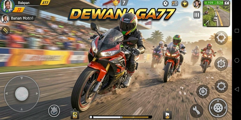 Screenshot utama DEWANAGA77 menampilkan aksi balapan motor yang mendebarkan.