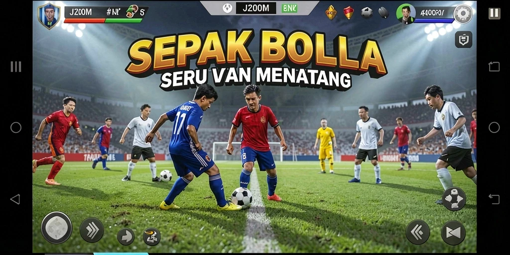 Tampilan depan gameplay sepak bola J200M yang menegangkan.
