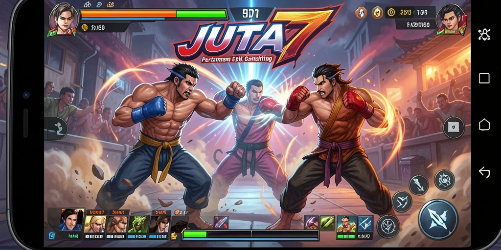 Screenshot utama JUTA7 menampilkan pertarungan intens antar karakter yang mengesankan.