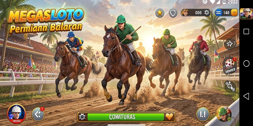 Tampilan seru gameplay MEGASLOTO saat balapan di lintasan.