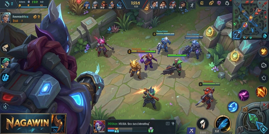Tampilan gameplay seru NAGAWIN yang menggambarkan pertempuran antar tim.